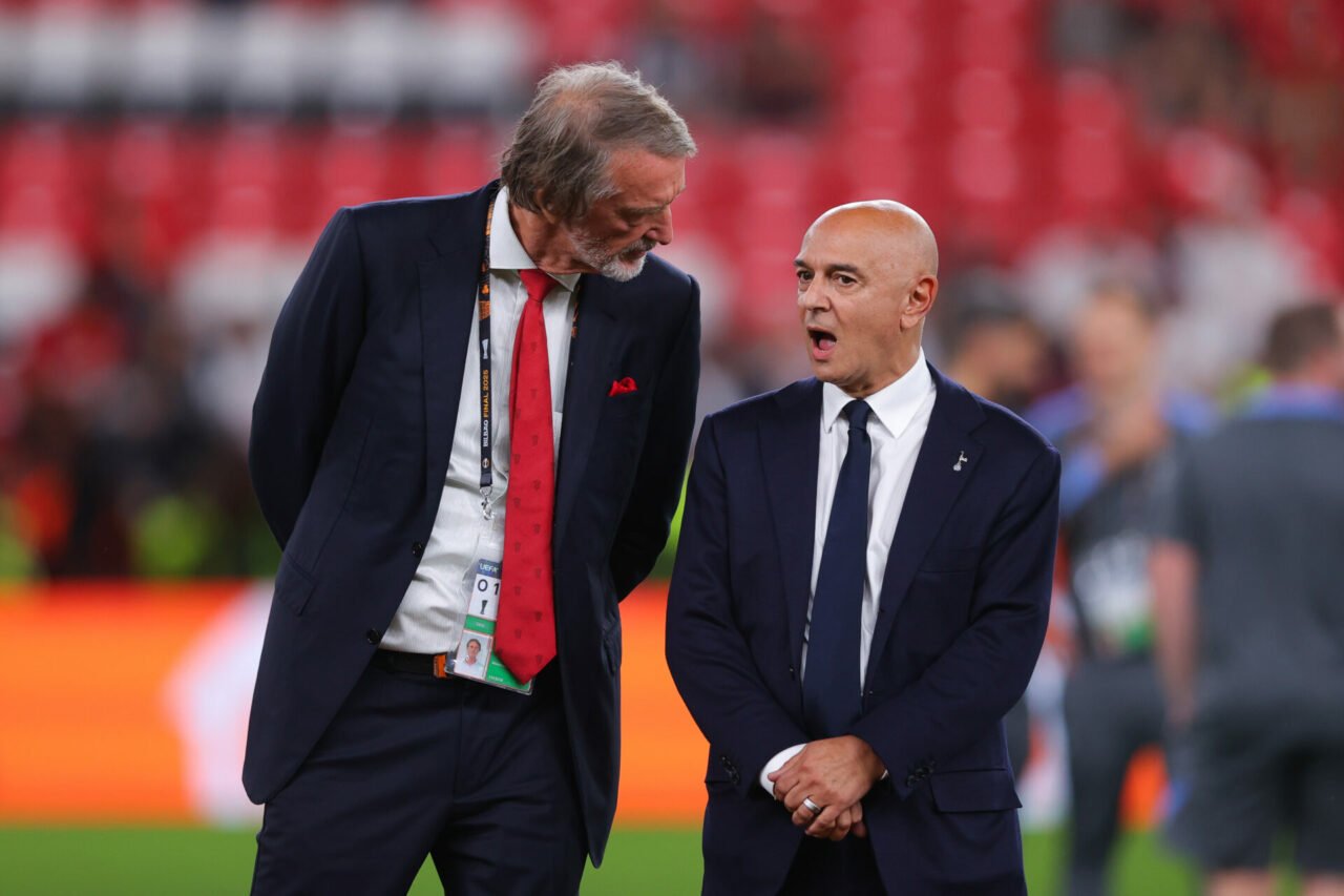Daniel Levy, chairman of Tottenham Hotspur, speaks with Sir Jim Ratcliffe during the UEFA Europa League Final 2025 between Tottenham Hotspur and Ma...