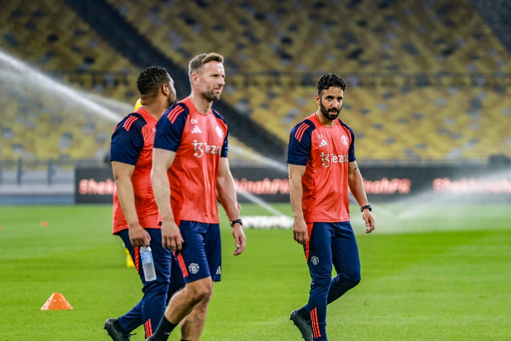 Manchester United manager Ruben Amorim participates in the official training at the Bukit Jalil National Stadium in Kuala Lumpur, Malaysia, on May 27, 2025. Manchester United and ASEAN All-Stars are set to face off for the Maybank Challenge Cup during their post-season friendly trip to Asia.