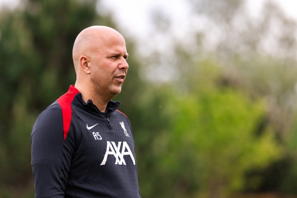Arne Slot, head coach of Liverpool during a training session at AXA Training Centre in Kirkby, England.