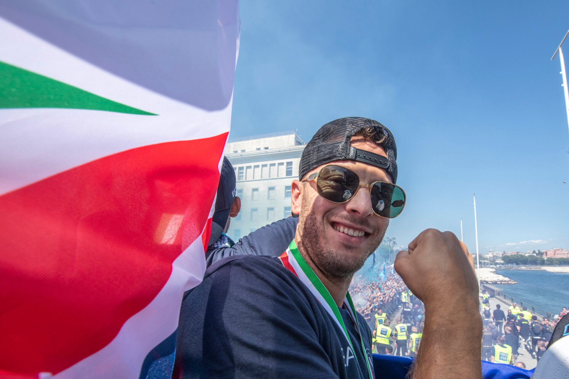 Amir Rrahmani of SSC Napoli celebrates inside the team bus following the club’s Scudetto victory on May 26, 2025, in Naples, Italy.