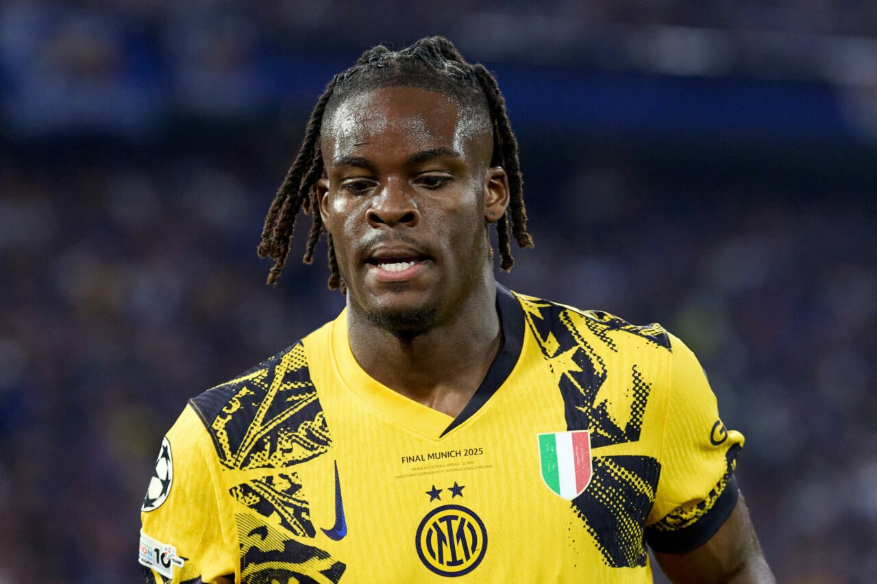 Yann Bisseck of Internazionale Milano plays during the UEFA Champions League Final between Paris Saint-Germain and FC Internazionale Milano at the ...