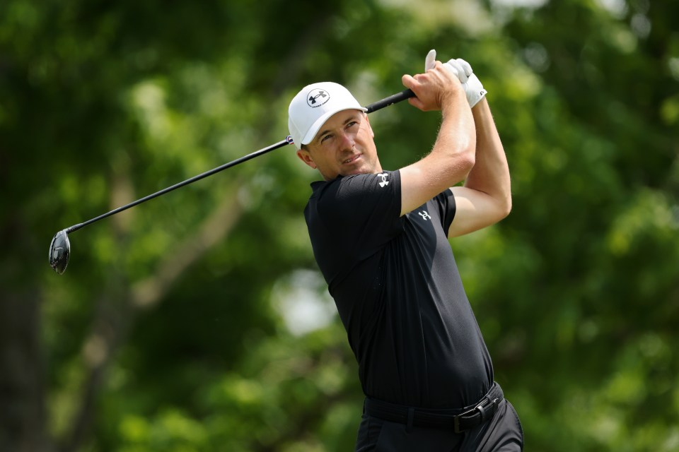 DUBLIN, OHIO - JUNE 01: Jordan Spieth of the United States plays a shot from the fifth tee during the final round of the Memorial Tournament presented by Workday 2025 at Muirfield Village Golf Club on June 01, 2025 in Dublin, Ohio. (Photo by Michael Reaves/Getty Images)