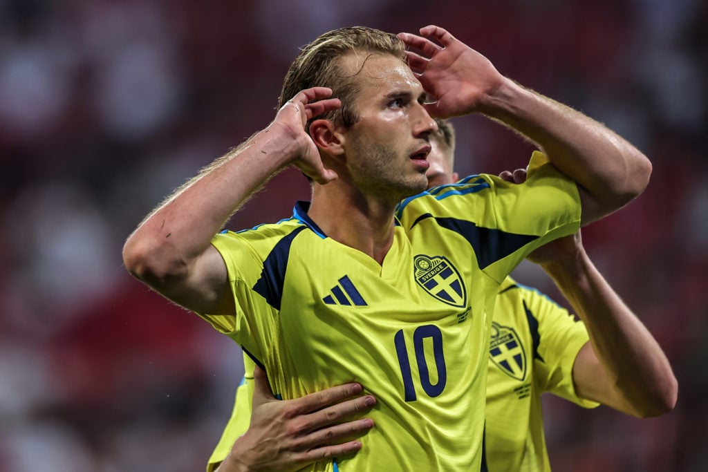 Celtic transfer target Benjamin Nygren #10 of Sweden scores the first goal during Hungary vs Sweden Friendly Match at Puskas Arena.