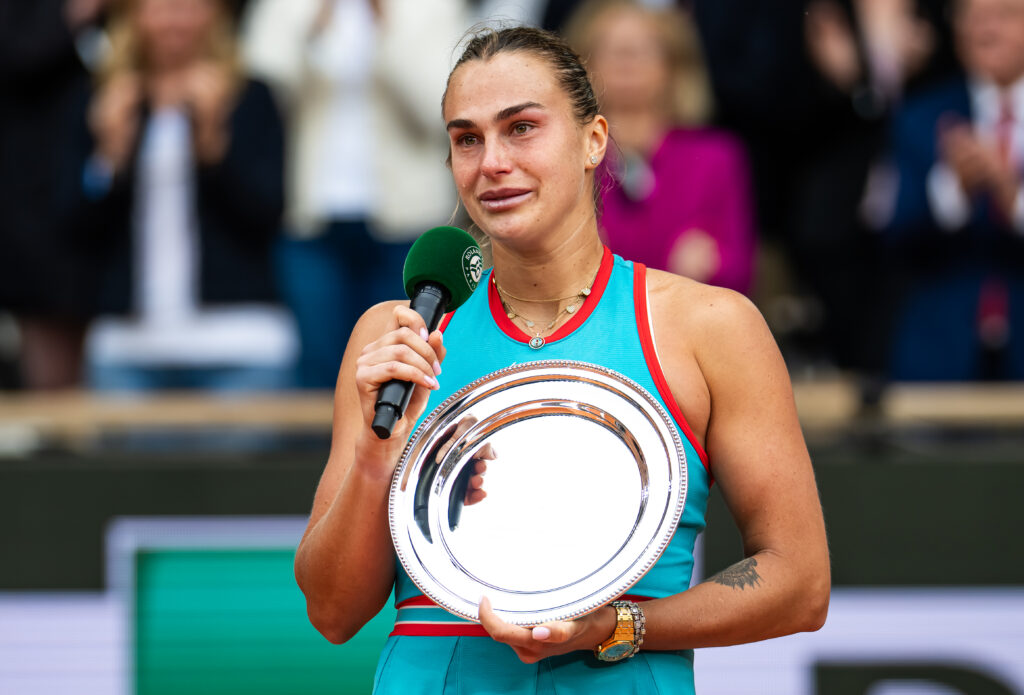Aryna Sabalenka during the trophy ceremony after losing to Coco Gauff of the United States in the womens singles final on Day Fourteen of the French Open at Roland Garros.
