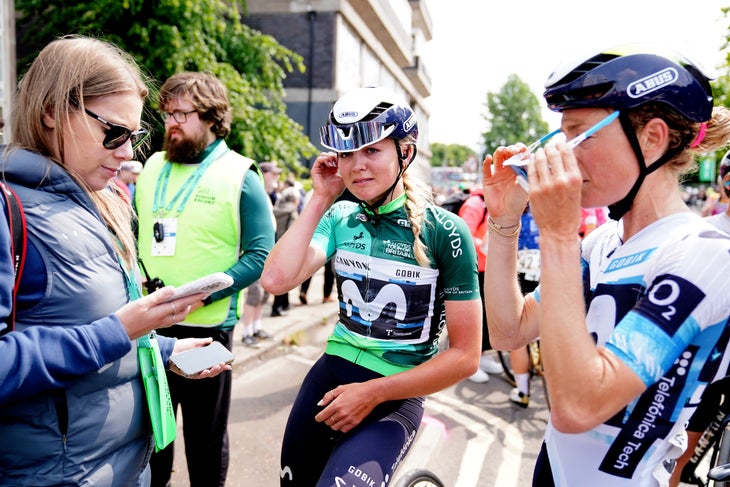 Cat Ferguson of Movistar Team (centre) reacts after finishing second overall after stage four of the 2025 Lloyds Tour of Britain Women in Glasgow. Picture date: Sunday June 8, 2025. (Photo by Jane Barlow/PA Images via Getty Images)
