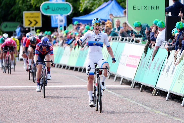 Lorena Wiebes of Team SD Worx - Protime (centre) crosses the finish line to win stage four of the 2025 Lloyds Tour of Britain Women in Glasgow. Picture date: Sunday June 8, 2025. (Photo by Jane Barlow/PA Images via Getty Images)