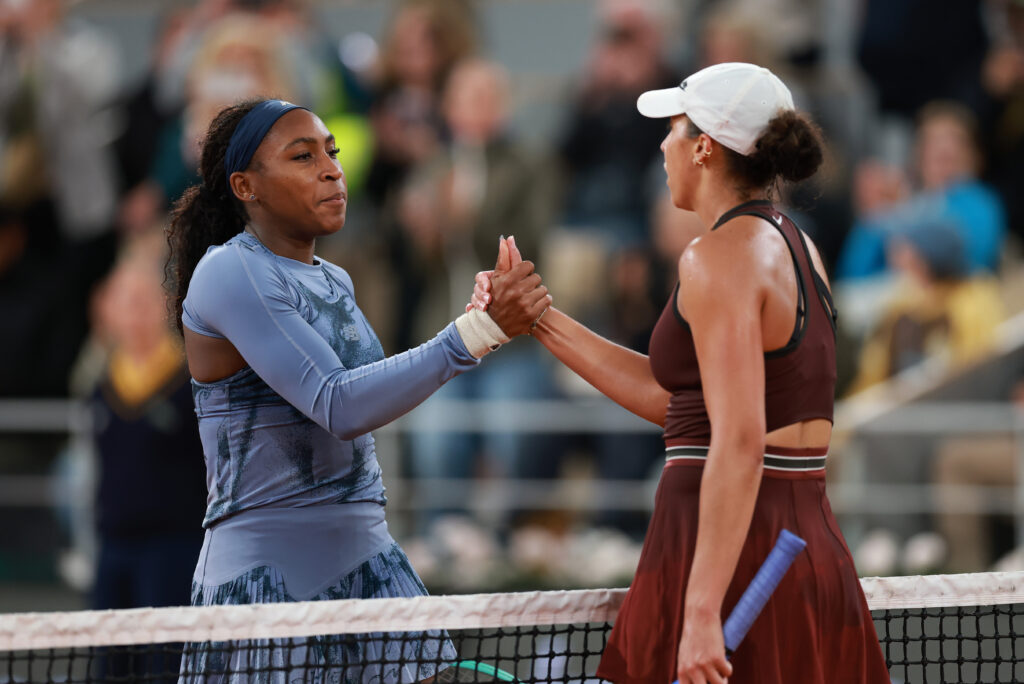 Coco Gauff and Madison Keys shake hands at the net after their 2025 French Open quarter-final