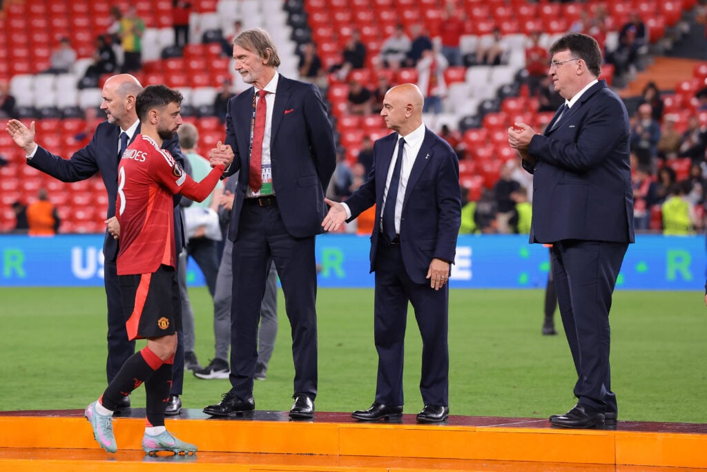 Bruno Fernandes of Manchester United FC shakesh ands with Sir Jim Ratcliffe Manchester United Co-Owner following the 1-0 defeat in the UEFA Europa ...