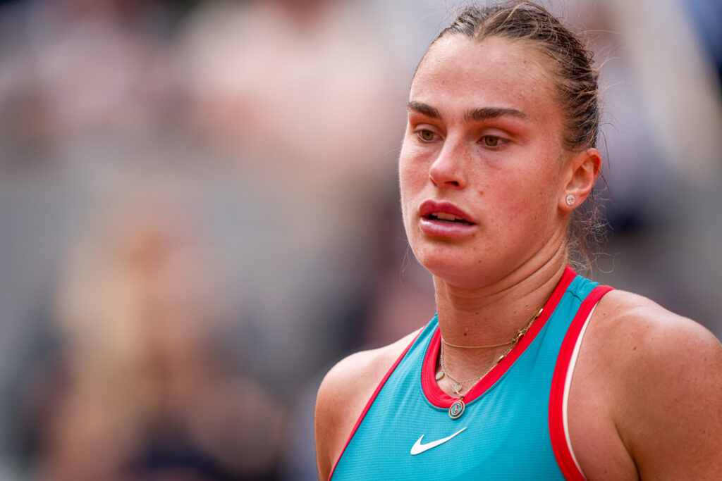 Aryna Sabalenka looks on against Coco Gauff of United States during the Women's Singles Final match on Day Fourteen of the 2025 French Open at Roland Garros.