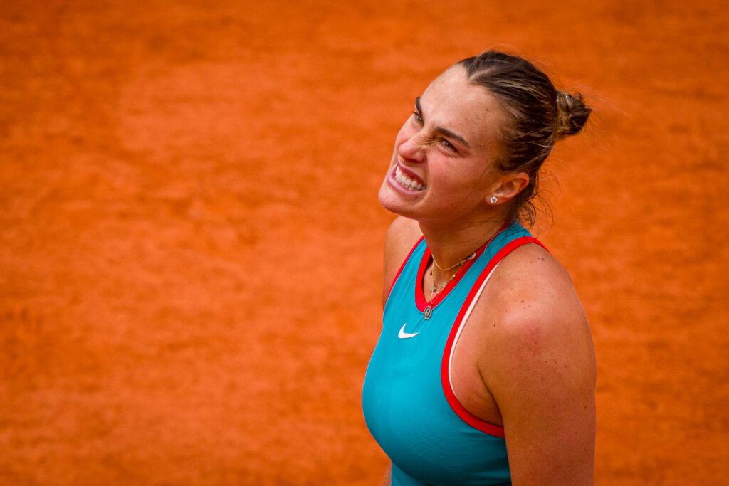 Aryna Sabalenka looks on during defeat to Coco Gauff at the 2025 French Open