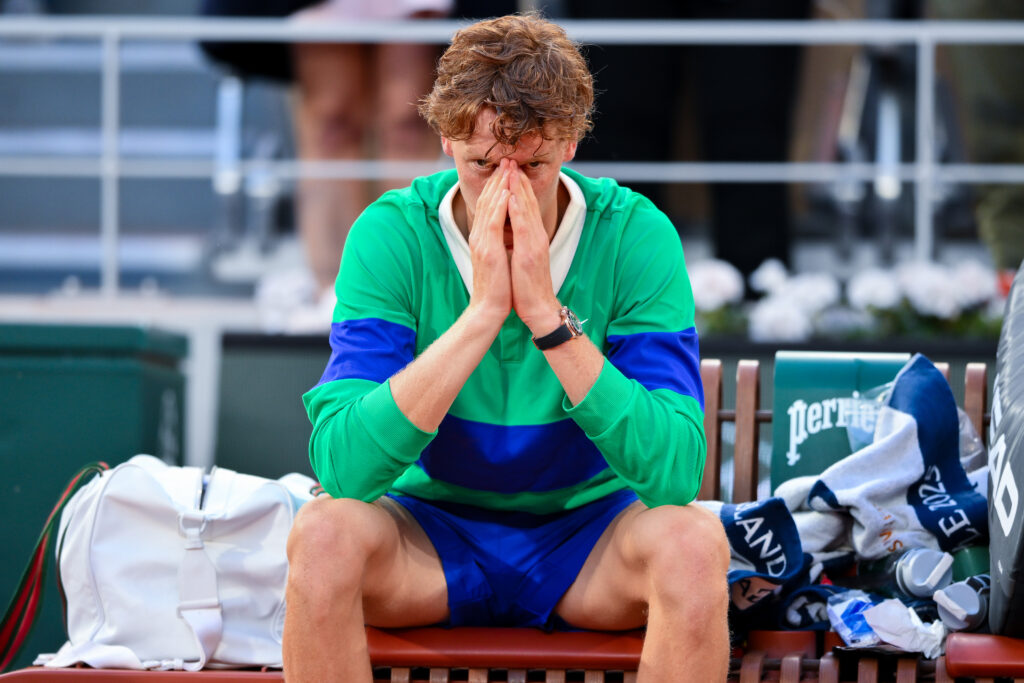 Jannik Sinner of Italy looks dejected following the Men’s Singles Final match on Day Fifteen of the 2025 French Open at Roland Garros.