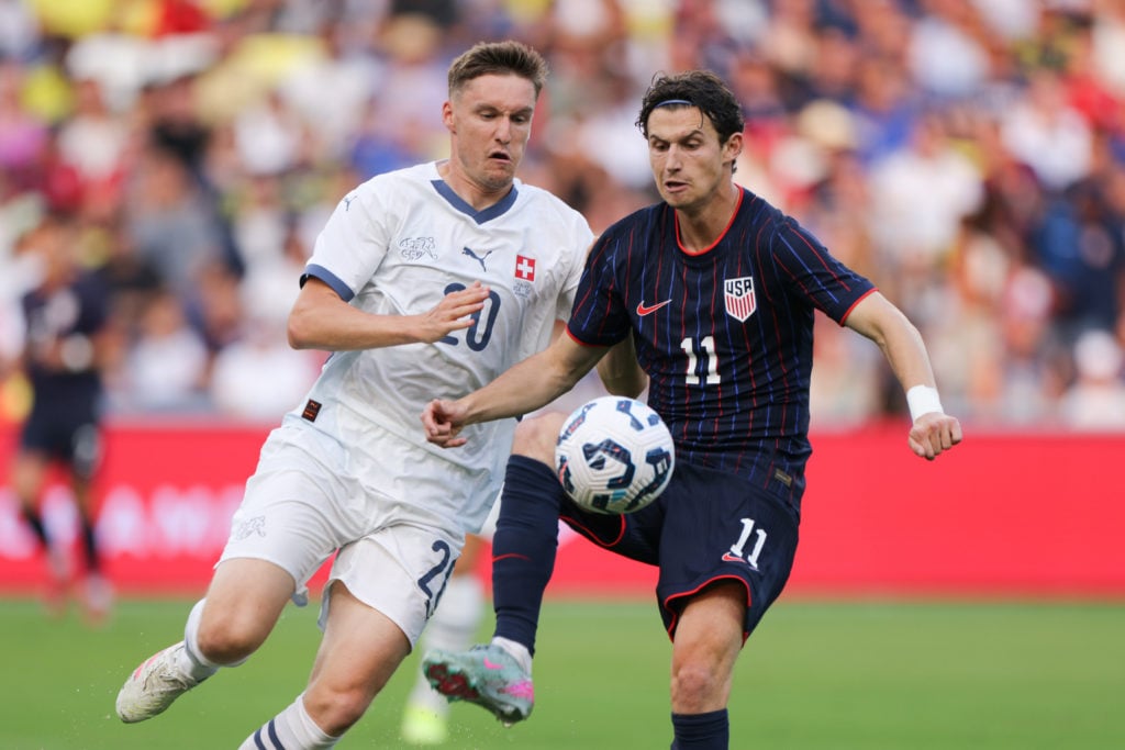 Leeds United's Brenden Aaronson in action for USA vs Switzerland.