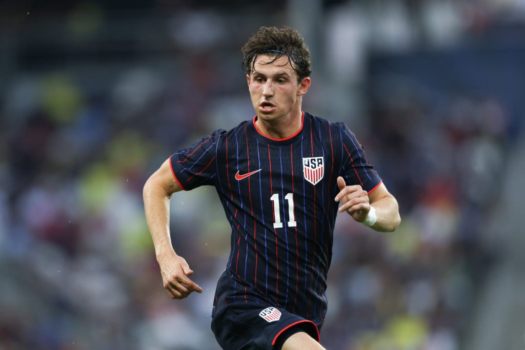 Leeds United's Brenden Aaronson in action for USA vs Switzerland.