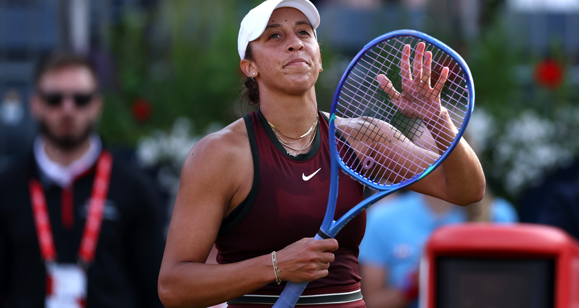 Madison Keys and Taylor Fritz both react after winning their first matches of the grass court season