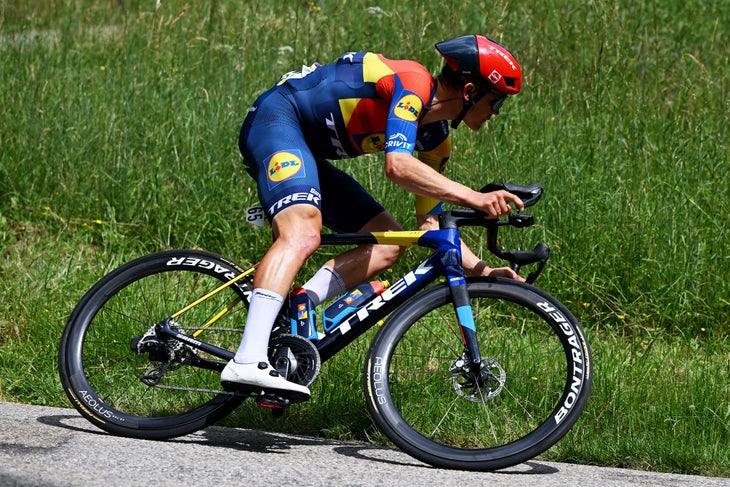 PLATEAU DU MONT-CENIS, FRANCE - JUNE 15: Toms Skujins of Latvia and Team Lidl - Trek competes during the 77th Criterium du Dauphine 2025, Stage 8 a 133.3km stage from Val-d'Arc to Plateau du Mont-Cenis 2095m / #UCIWT / on June 15, 2025 in Plateau du Mont-Cenis, France. (Photo by Dario Belingheri/Getty Images)