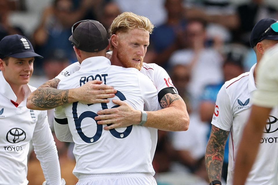 England's captain Ben Stokes embraces England's Joe Root as he celebrates taking the wicket of India's Yashasvi Jaiswal on the opening day of the first cricket test match between England and India at Headingley cricket ground in Leeds, northern England on June 20, 2025. (Photo by Darren Staples / AFP) / RESTRICTED TO EDITORIAL USE. NO ASSOCIATION WITH DIRECT COMPETITOR OF SPONSOR, PARTNER, OR SUPPLIER OF THE ECB (Photo by DARREN STAPLES/AFP via Getty Images)
