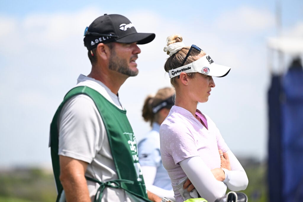 Nelly Korda looks on with her caddy in round three of the KPMG Championship