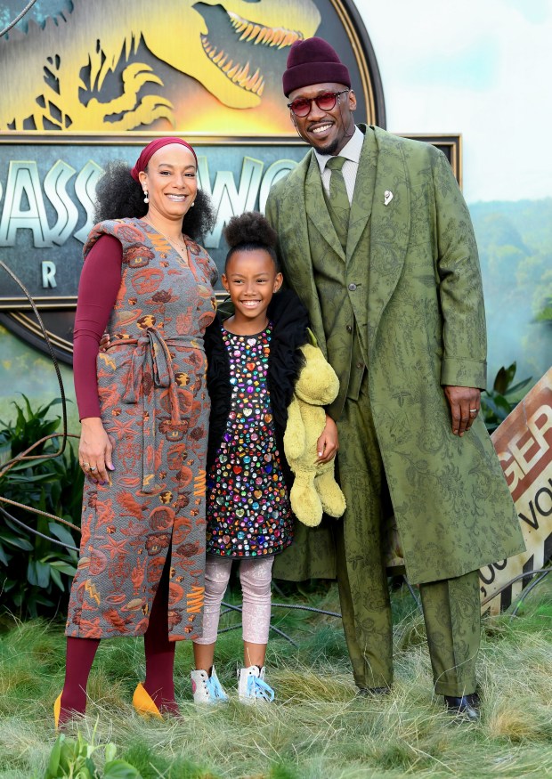 LONDON, ENGLAND - JUNE 17: Mahershala Ali with his wife Amatus Sami-Karim and their daughter Bari Ali attend the "Jurassic World Rebirth" World Premiere at the Odeon Luxe Leicester Square on June 17, 2025 in London, England. (Photo by Joe Maher/Getty Images)