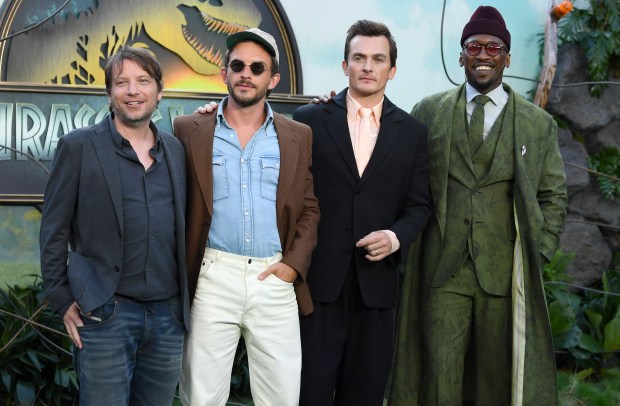 LONDON, ENGLAND - JUNE 17: Director Gareth Edwards, Jonathan Bailey, Rupert Friend and Mahershala Ali attend the "Jurassic World Rebirth" World Premiere at the Odeon Luxe Leicester Square on June 17, 2025 in London, England. (Photo by Joe Maher/Getty Images)