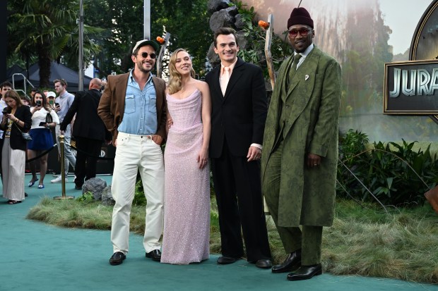 LONDON, ENGLAND - JUNE 17: Jonathan Bailey, Scarlett Johansson, Rupert Friend and Mahershalalhashbaz Ali attend the "Jurassic World Rebirth" World Premiere at the Odeon Luxe Leicester Square on June 17, 2025 in London, England. (Photo by Kate Green/Getty Images)