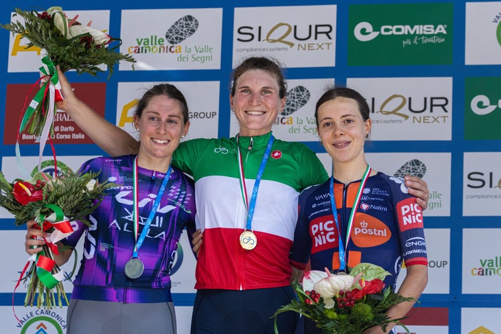 The podium of the Italian Road Cycling Championship 2025 in Darfo Boario Terme, on June 28, 2025. , Italy, features Monica Trinca Colonel, Elisa Longo Borghini, and Eleonora Ciabocco from left to right (Photo by Tommaso Berardi/NurPhoto).