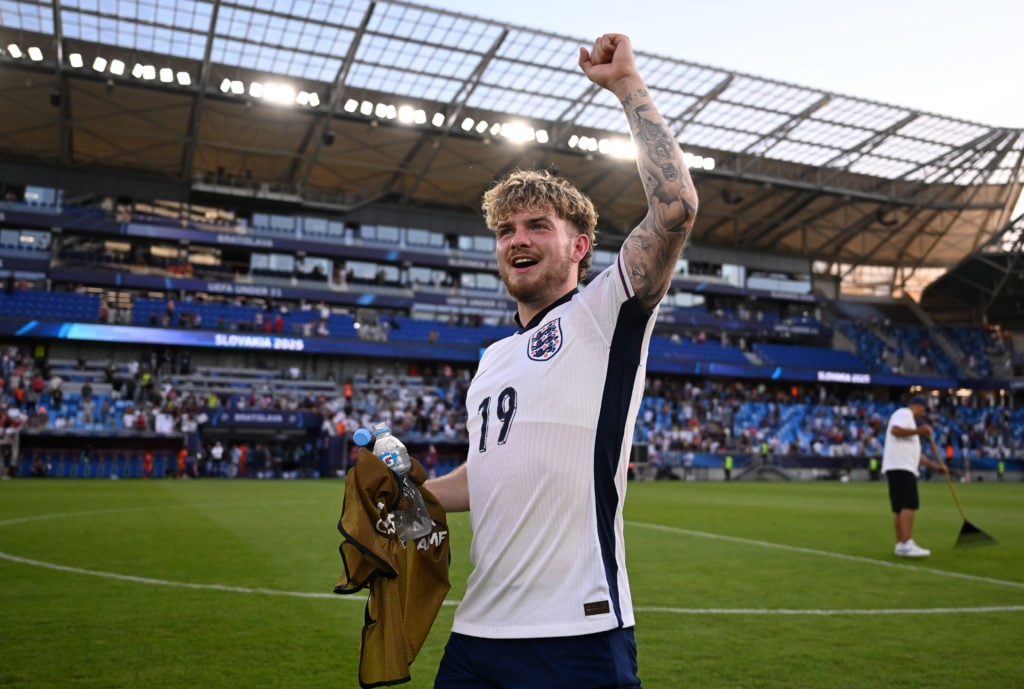 Harvey Elliott of England acknowledges the fans following victory in the UEFA European Under-21 Championship 2025 Semi-Final match between England and Netherlands at National Football stadium