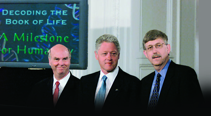 371577 03: U.S. President Bill Clinton, J Craig Venter (L) and Dr. Francis Collins of the National Institute of Health look at the audiance during an in the East Room of the White House, June 26, 2000. Venter's company Celera Genomics Corporation participated in a publicly financed Human Genome Project with private efforts and have both completed the first rough map of the human genome, the working blueprint for human beings. The discovery is seen as one of history's great scientific milestones. (Photo by Mark Wilson/Newsmakers)