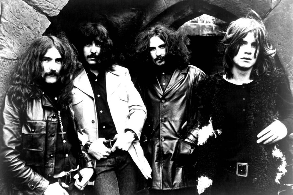 Black Sabbath in black-and-white during the 1970s