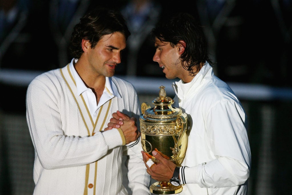 Rafael Nadal and Roger Federer after the 2008 Wimbledon final.