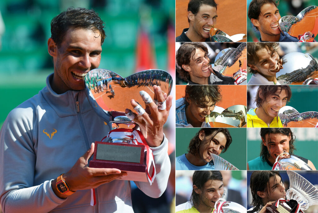 This combination shows Rafael Nadal holding the Monte Carlo Masters trophy in 2018, alongside pictures of him holding it in 2005, 2006, 2007, 2008, 2009, 2010, 2011, 2012, 2016 and 2017.