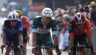 Alpecin-Deceuninck's Dutch rider Mathieu van der Poel (C) wearing the sprinter's green jersey reacts as he crosses the finish line of the 3rd stage of the 77th edition of the Criterium du Dauphine cycling race, 207,2 km between Brioude and Charantonnay, on June 10, 2025. (Photo by Anne-Christine POUJOULAT / AFP) (Photo by ANNE-CHRISTINE POUJOULAT/AFP via Getty Images)