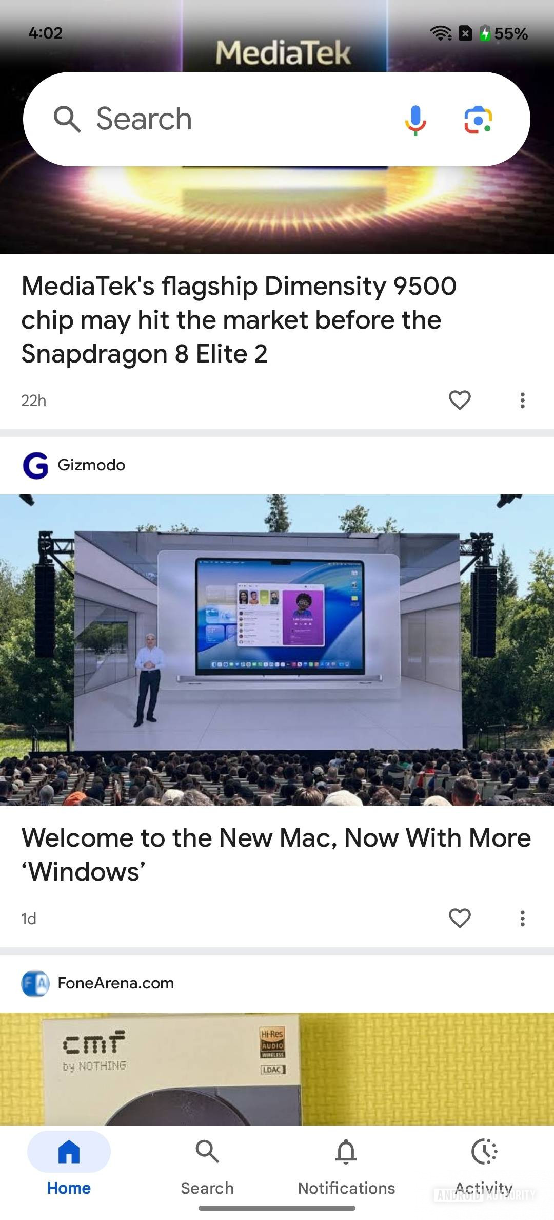 Google app screenshots showing new translucent status bar background 1
