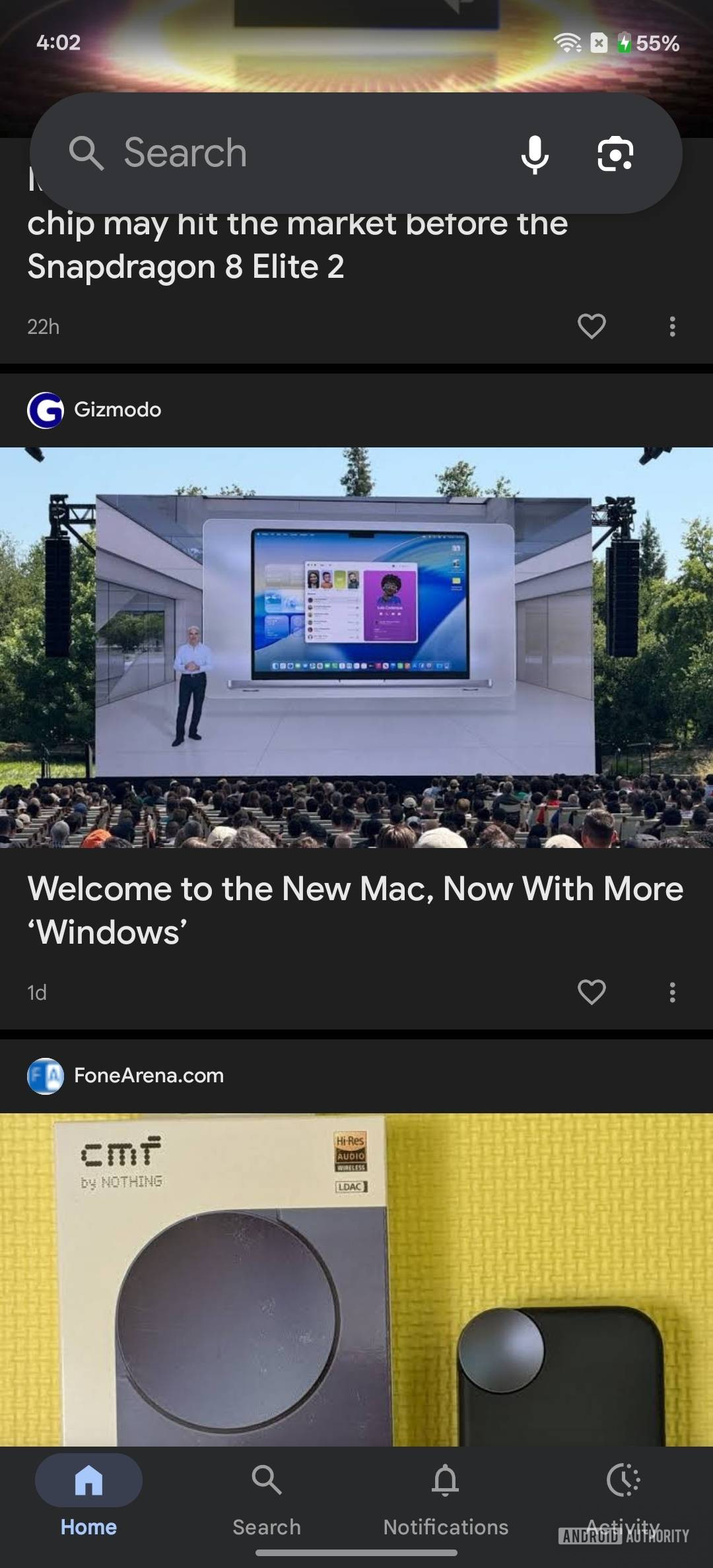 Google app screenshots showing new translucent status bar background 2