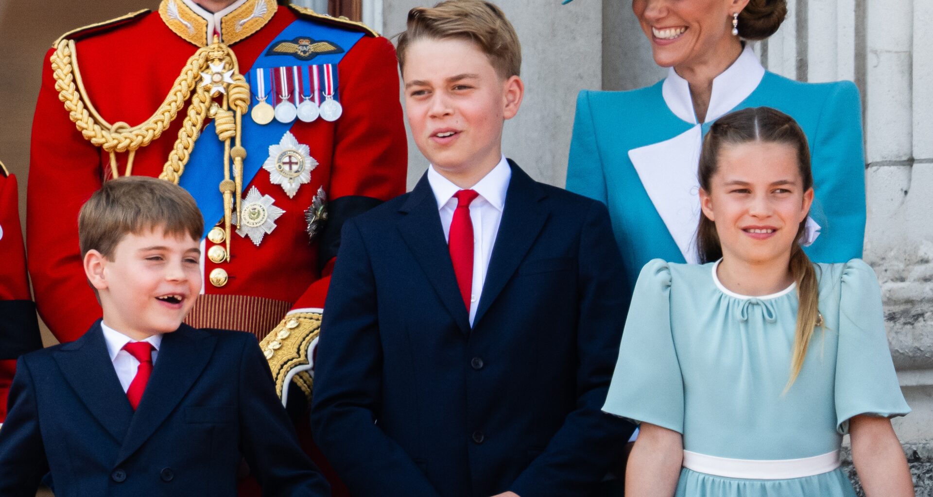 Prince Louis of Wales, Prince William, Prince of Wales, Prince George of Wales, Catherine, Princess of Wales and Princess Charlotte of Wales during Trooping The Colour 2025 on June 14, 2025