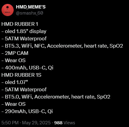 HMD Rubber 1 and Rubber 1s Wear OS watch smashx 60