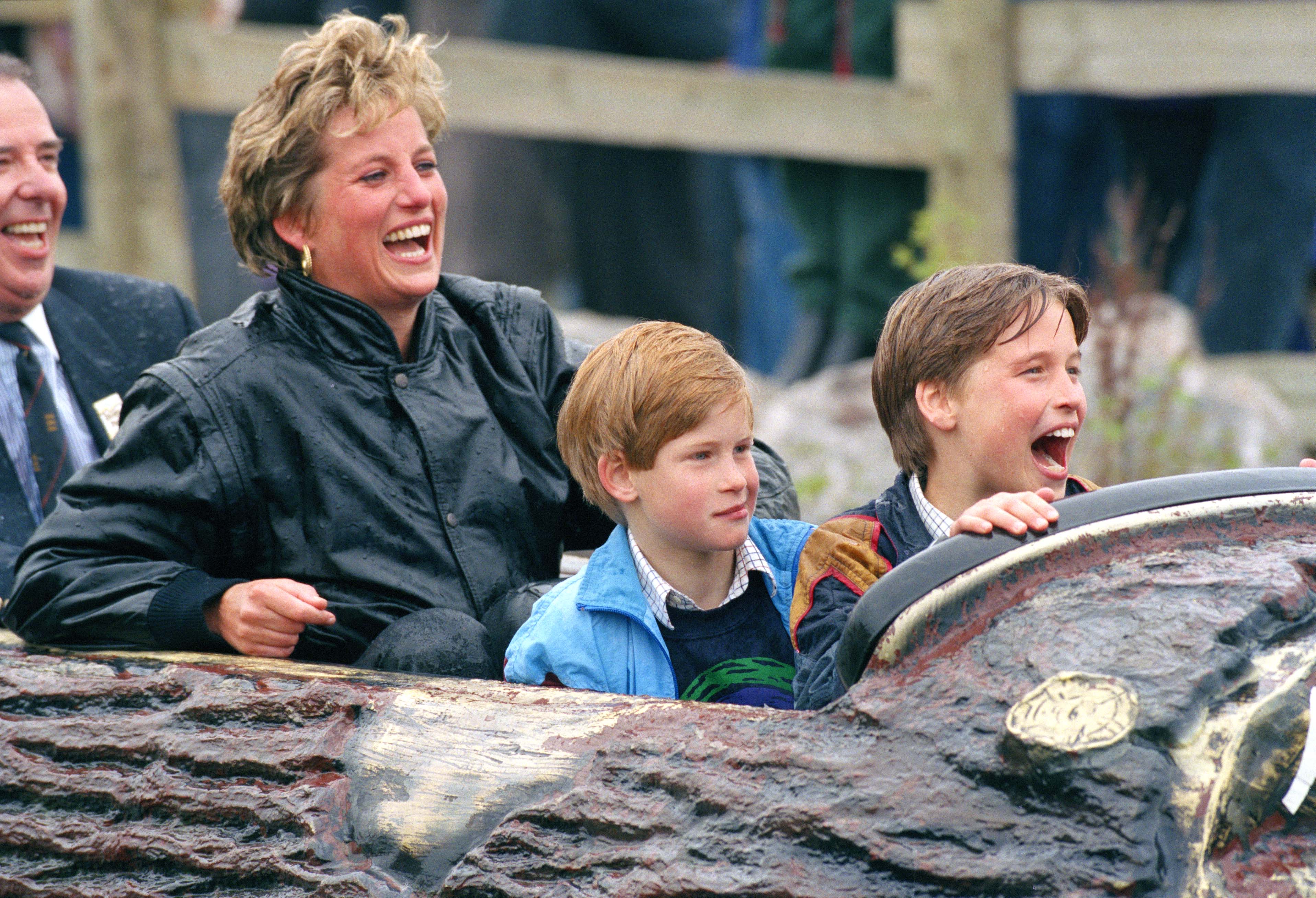 Princess Diana, Prince Harry, and Prince William at Thorpe Park amusement park in April 1993