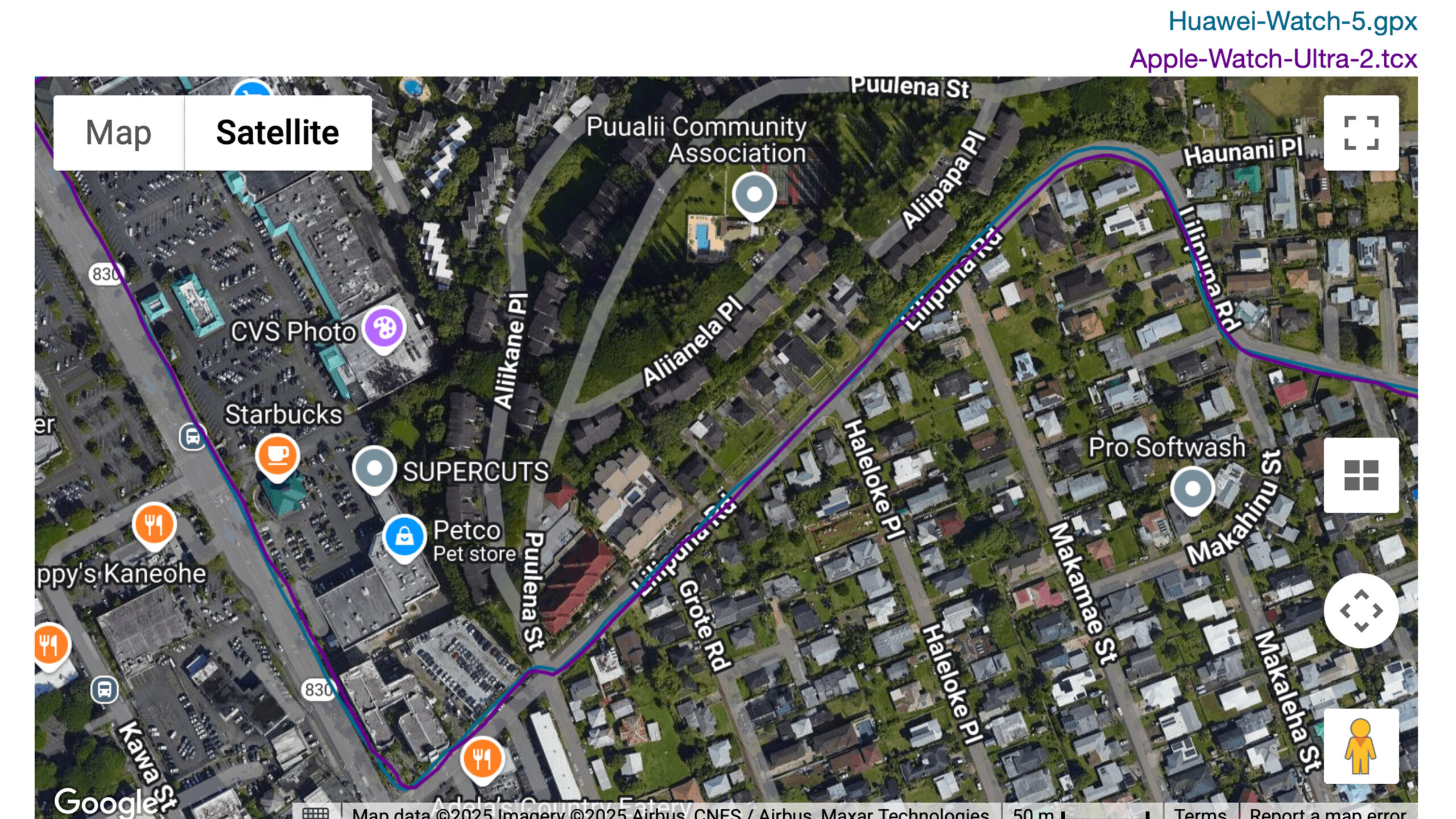 A GPS map shows a route tracked by both Huawei Watch 5 and an Apple Watch Ultra 2.