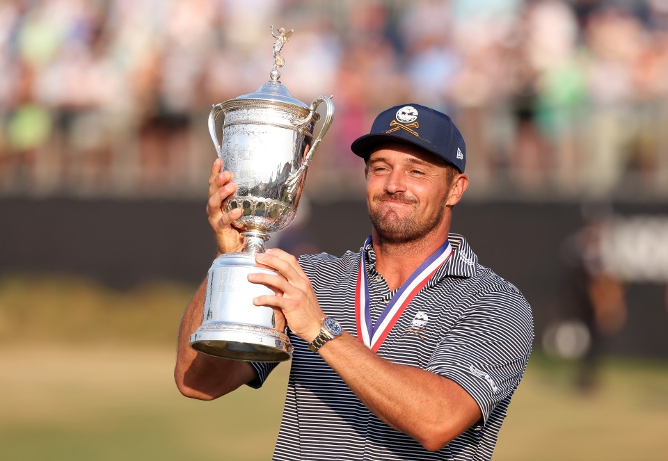 PINEHURST, NORTH CAROLINA - JUNE 16: Bryson DeChambeau of the United States poses with the trophy after winning the 124th U.S. Open at Pinehurst Resort on June 16, 2024 in Pinehurst, North Carolina. (Photo by Gregory Shamus/Getty Images)