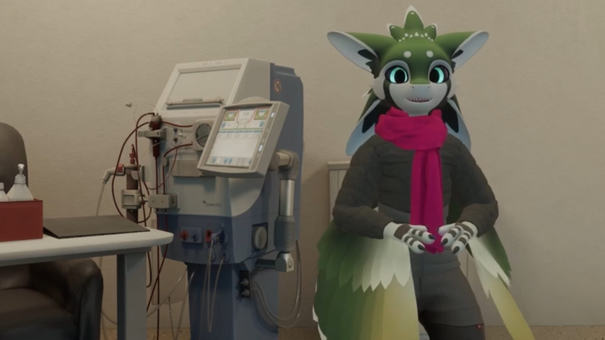 A green fantastical furry avatar standing next to a digital model of a dialysis machine.