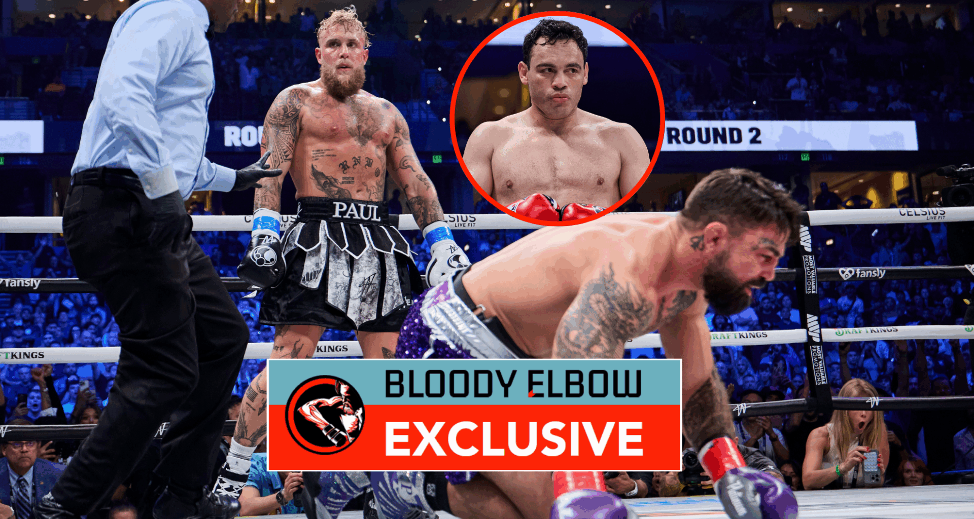 Main photo: Jake Paul stands over Mike Perry after dropping him. Bubble photo: Julio Cesar Chavez Jr during a fight. Overlay text reads: BLOODY ELB...