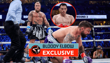 Main photo: Jake Paul stands over Mike Perry after dropping him. Bubble photo: Julio Cesar Chavez Jr during a fight. Overlay text reads: BLOODY ELB...