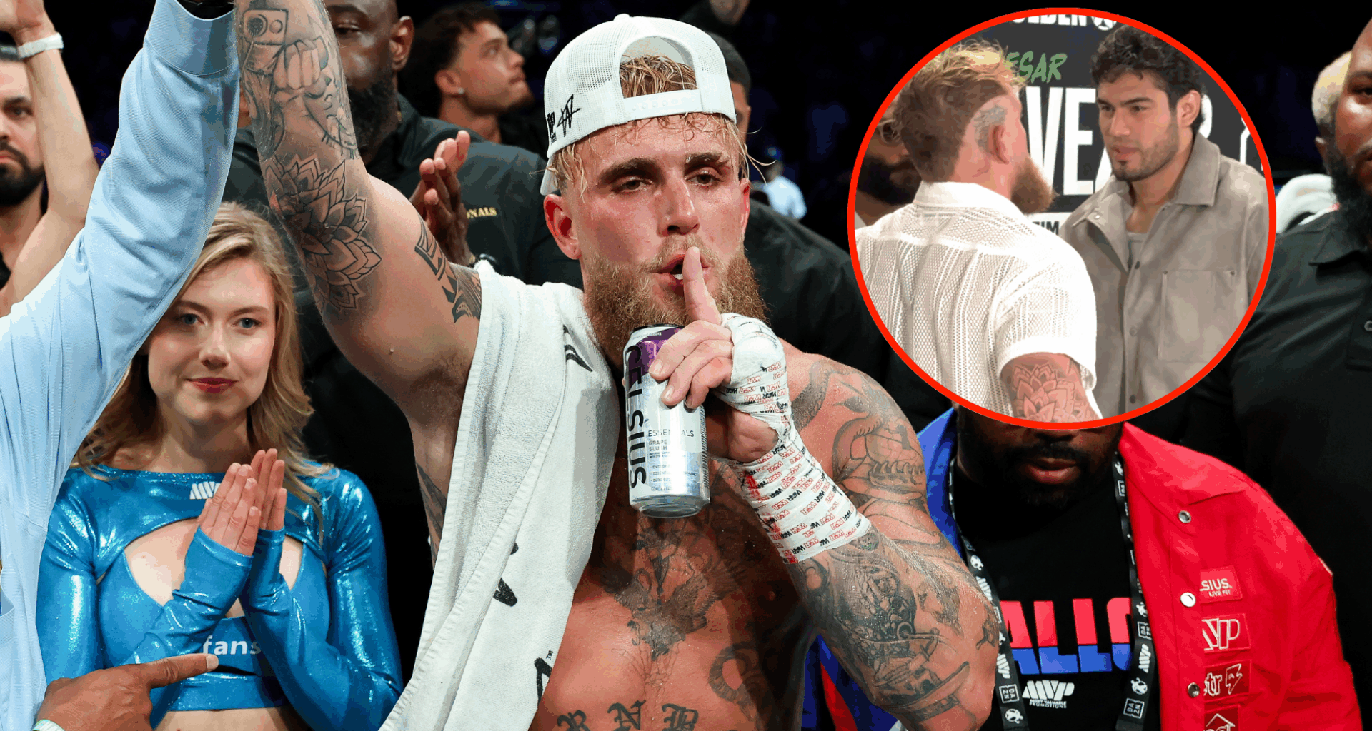 Jake Paul shushes the crowd after a win (main). Jake Paul faces off with Zurdo Ramirez (Bubble)