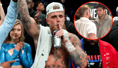Jake Paul shushes the crowd after a win (main). Jake Paul faces off with Zurdo Ramirez (Bubble)