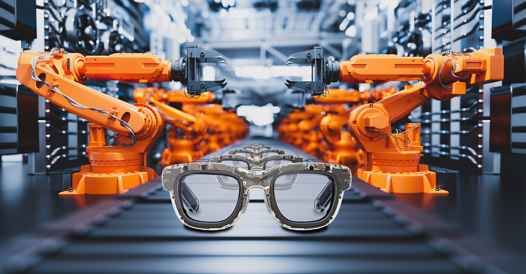 A product render of special edition Meta Orion smart glasses on an assembly line belt