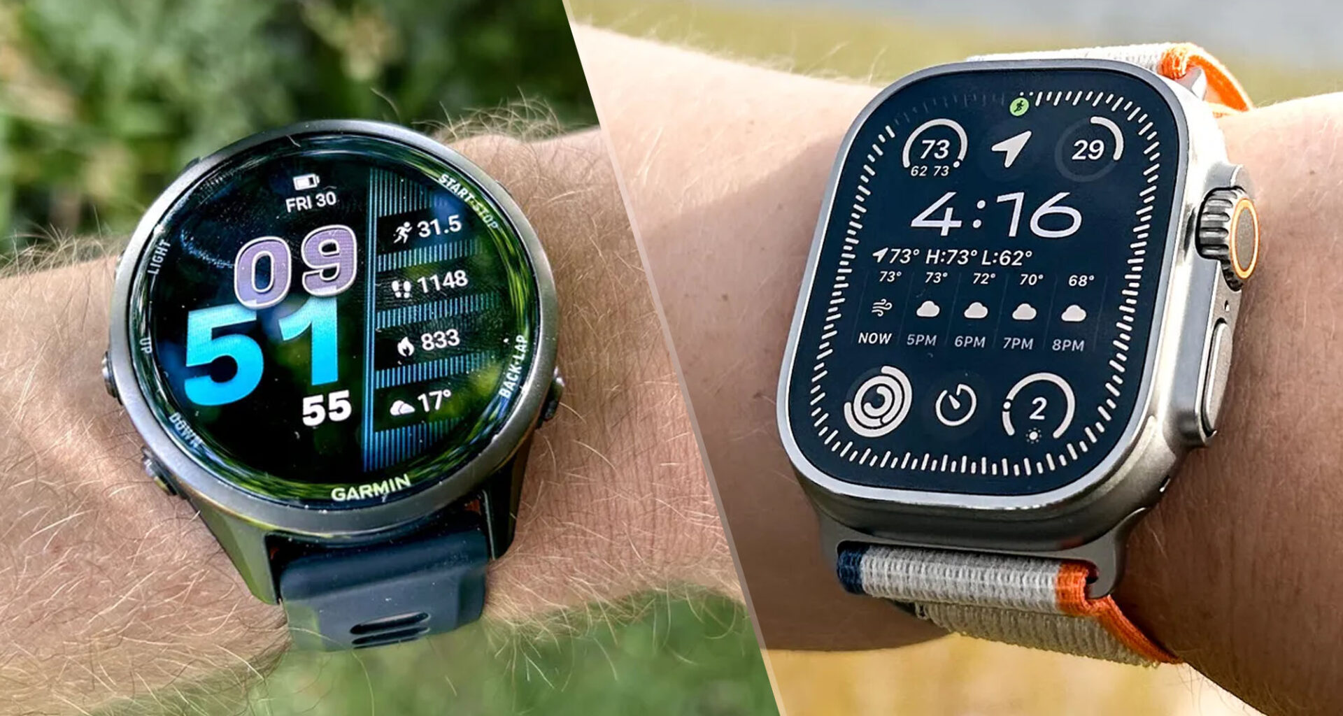 a photo of the Apple Watch Ultra 2 and the Garmin Forerunner 970