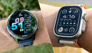 a photo of the Apple Watch Ultra 2 and the Garmin Forerunner 970