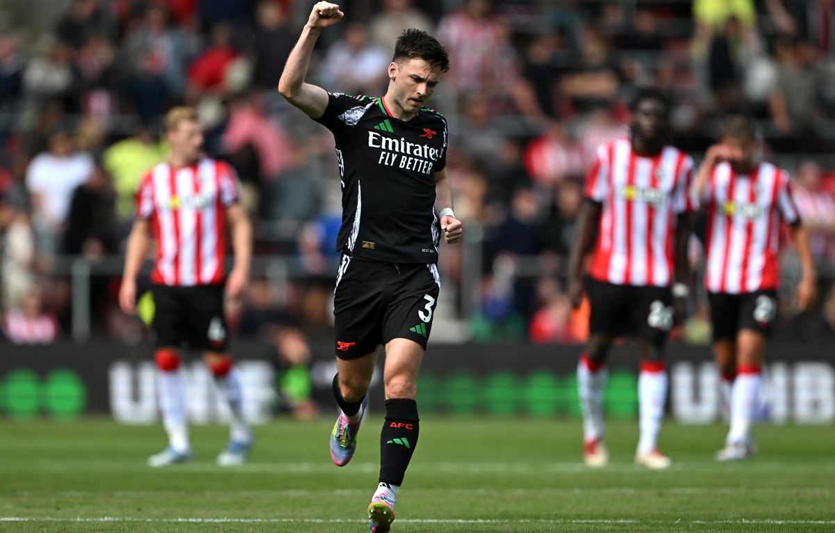 Kieran Tierney celebrating scoring a goal v Southampton