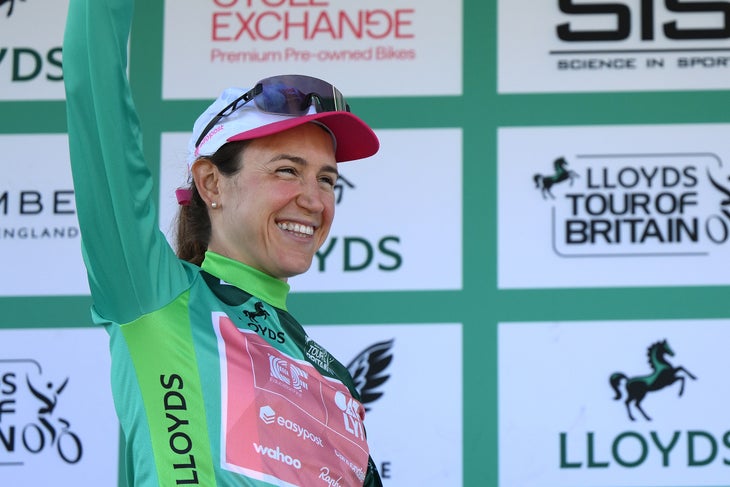 SALTBURN-BY-THE-SEA, ENGLAND - JUNE 06: Kristen Faulkner of United States and Team EF Education-Oatly celebrates at podium as Green Leader Jersey winner during the 10th Tour of Britain Women 2025, Stage 2 a 114.3km stage from Hartlepool to Saltburn-by-the-Sea / #UCIWWT / on June 06, 2025 in Saltburn-by-the-Sea, England. (Photo by Alex Broadway/Getty Images)