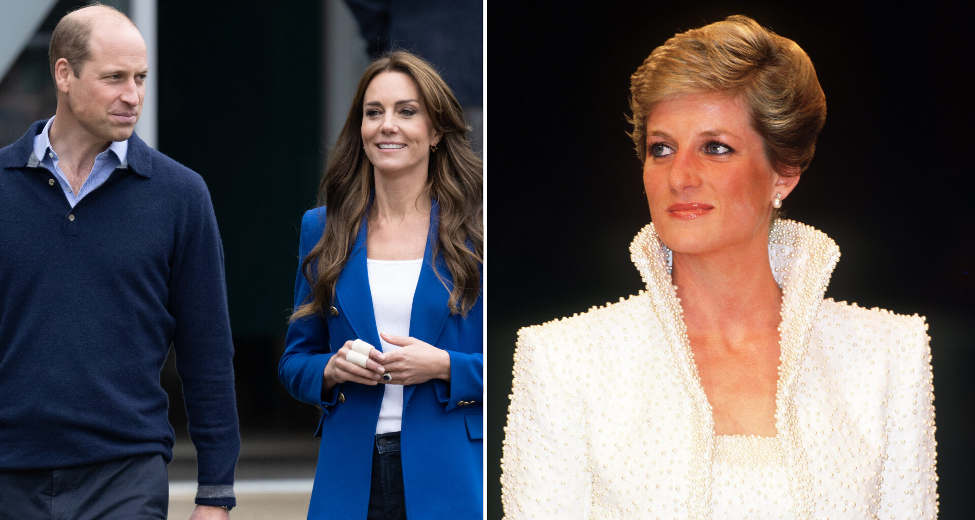 Prince William wears a blue sweater and shirt, and Kate Middleton wears a blue blazer and white T-shirt, while Princess Diana wears a blazer adorned with pearls
