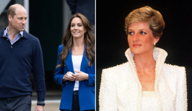 Prince William wears a blue sweater and shirt, and Kate Middleton wears a blue blazer and white T-shirt, while Princess Diana wears a blazer adorned with pearls